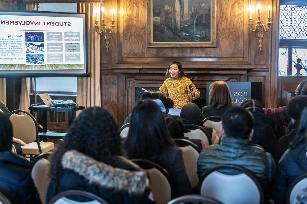 Inaugural Messina Admitted Students Day event with incoming students and family members taking place on the Brookline Campus featuring speakers and a campus tour.